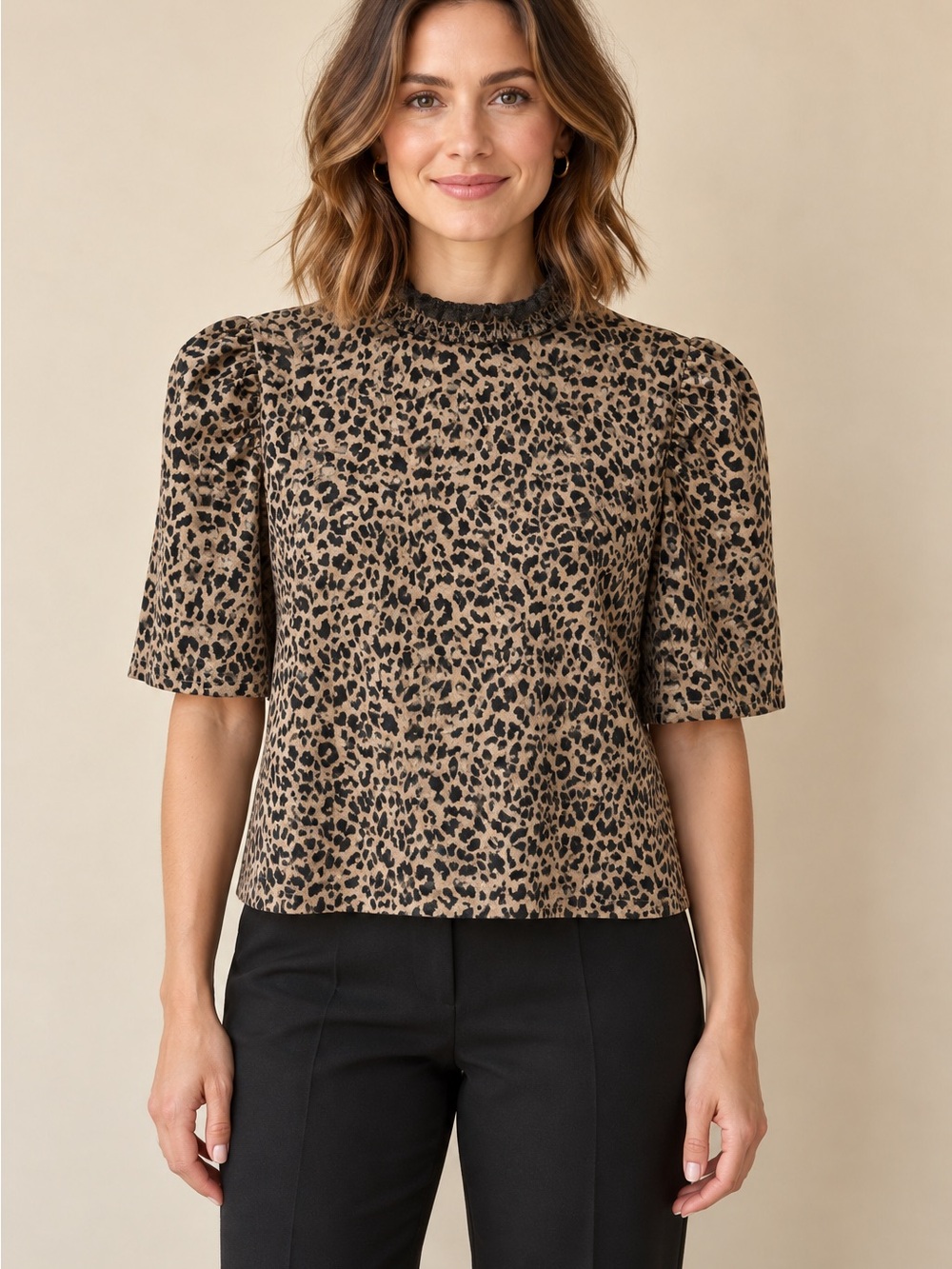 DownEast Leopard Print Puff Sleeve Mock Neck Top Size Medium